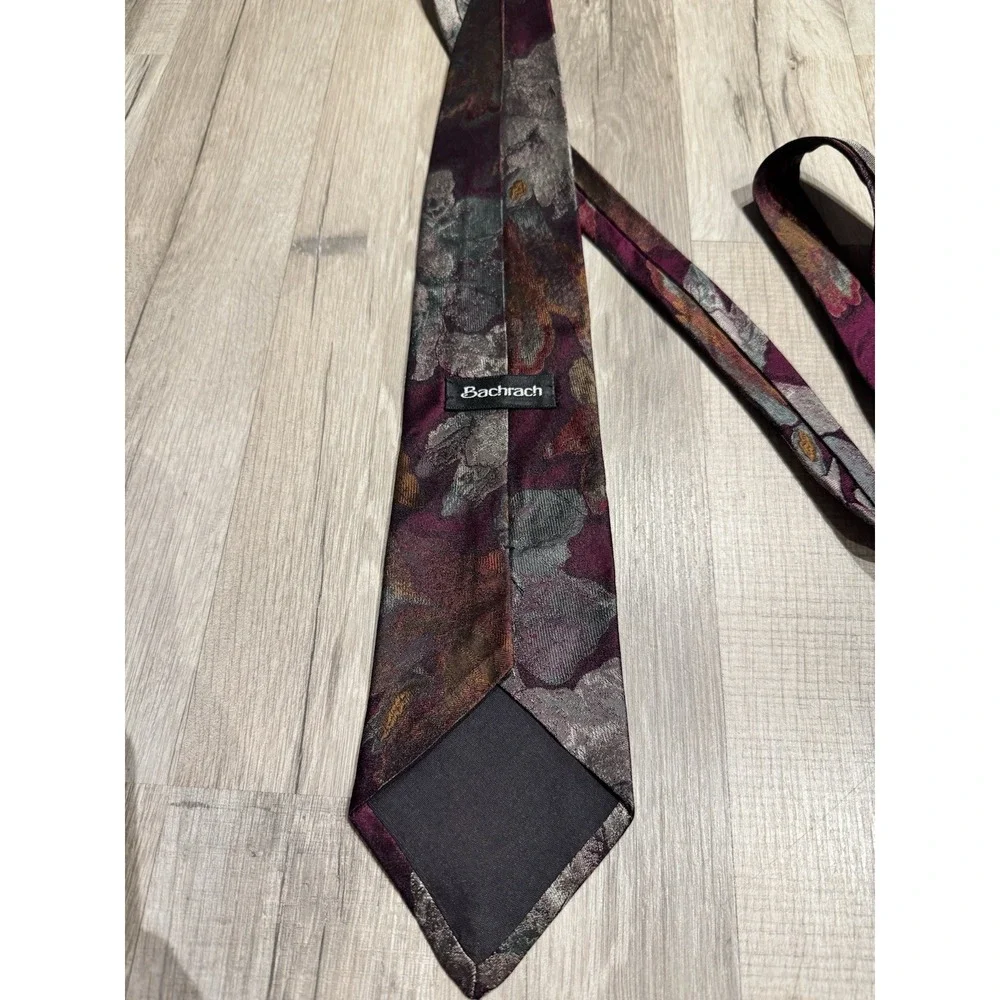 Vintage Bachrach 100% Silk Burgundy/Gold/Gray Floral Woven Classic Men's Tie